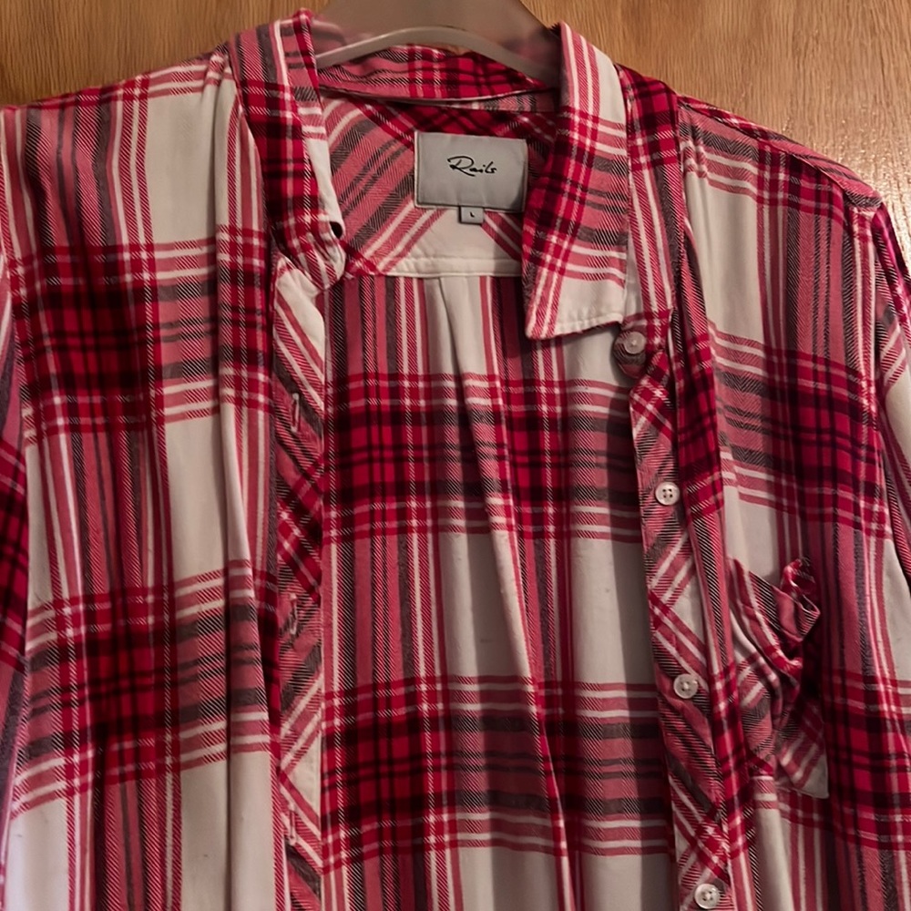 Rails soft flannel button down.  Size Large. Colors: red/pink & white plaid.